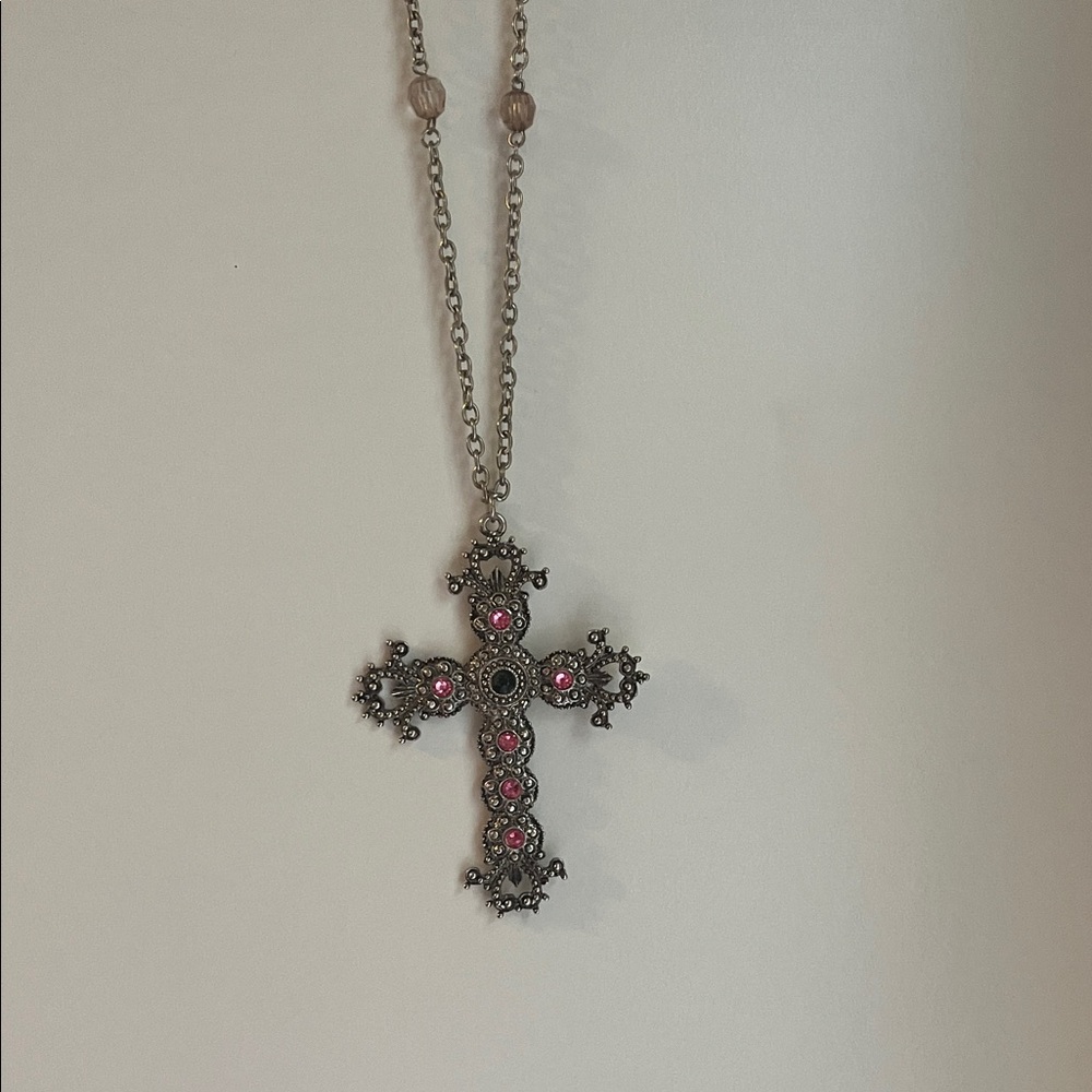 3 for $15 Gothic Silver Cross Pendant Necklace with Pink Stones